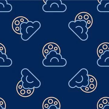 Line Cloud with moon icon isolated seamless pattern on blue background. Cloudy Stock Illustration