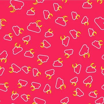 Line Cloud with moon icon isolated seamless pattern on red background. Clou.. Stock Illustration