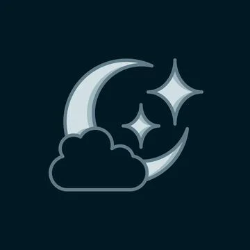 Line Cloud with moon icon isolated on black background. Cloudy night sign. .. Illustrazione stock