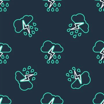 Line Cloud with rain and lightning icon isolated seamless pattern on black イラスト素材