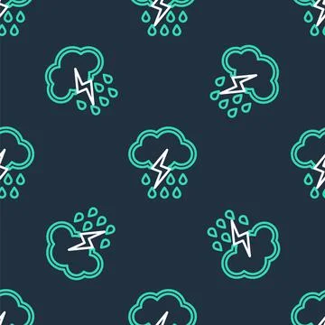 Line Cloud with rain and lightning icon isolated seamless pattern on black Stockillustratie