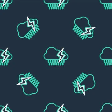 Line Cloud with rain and lightning icon isolated seamless pattern on black Illustrazione stock