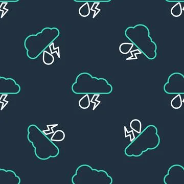Line Cloud with rain and lightning icon isolated seamless pattern on black Stock Illustration