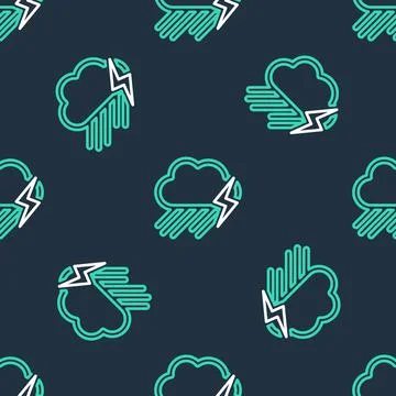 Line Cloud with rain and lightning icon isolated seamless pattern on black Stock Illustration