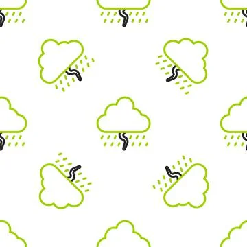 Line Cloud with rain and lightning icon isolated seamless pattern on white Stock Illustration