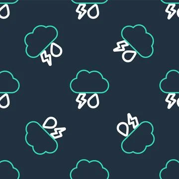 Line Cloud with rain and lightning icon isolated seamless pattern on black Illustrazione stock
