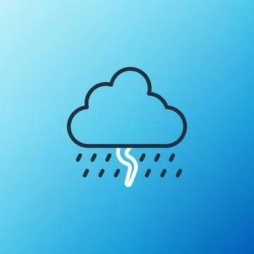 Line Cloud with rain and lightning icon isolated on blue background. Rain cloud Stock Illustration