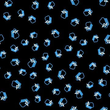 Line Cloud with rain and lightning icon isolated seamless pattern on black ba Stock Illustration