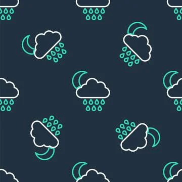 Line Cloud with rain and moon icon isolated seamless pattern on black background Illustrazione stock