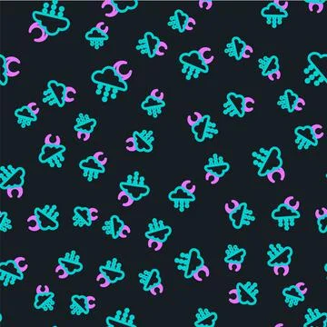 Line Cloud with rain and moon icon isolated seamless pattern on black background Stockillustratie
