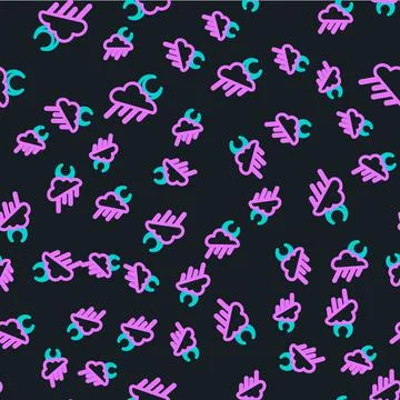 Line Cloud with rain and moon icon isolated seamless pattern on black background Stock Illustration