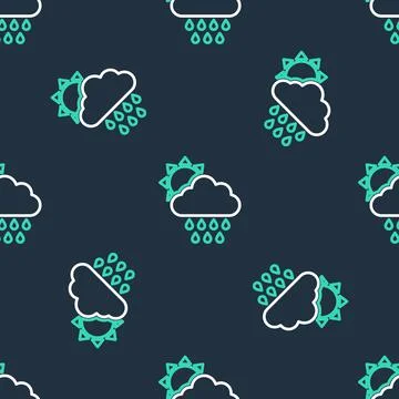 Line Cloud with rain and sun icon isolated seamless pattern on black background Stock Illustration