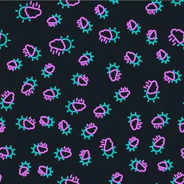 Line Cloud with rain and sun icon isolated seamless pattern on black background Stock Illustration