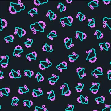 Line Cloud with rain and sun icon isolated seamless pattern on black background Stock Illustration
