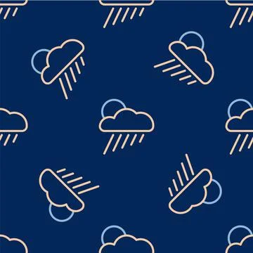 Line Cloud with rain and sun icon isolated seamless pattern on blue background Stock Illustration