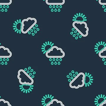 Line Cloud with rain and sun icon isolated seamless pattern on black background Illustrazione stock