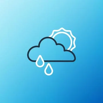 Line Cloud with rain and sun icon isolated on blue background. Rain cloud Stock Illustration