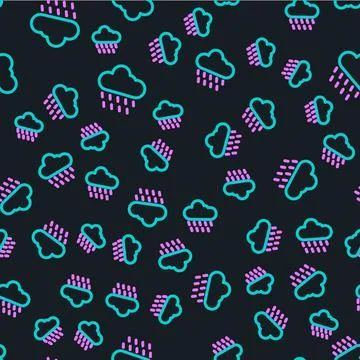 Line Cloud with rain icon isolated seamless pattern on black background. Rain Stock Illustration