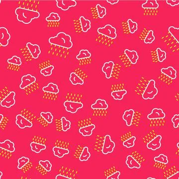 Line Cloud with rain icon isolated seamless pattern on red background. Rain 스톡 일러스트