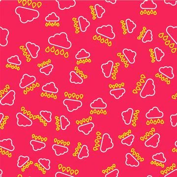 Line Cloud with rain icon isolated seamless pattern on red background. Rain 스톡 일러스트
