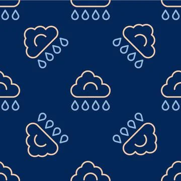 Line Cloud with rain icon isolated seamless pattern on blue background. Rain Illustrazione stock