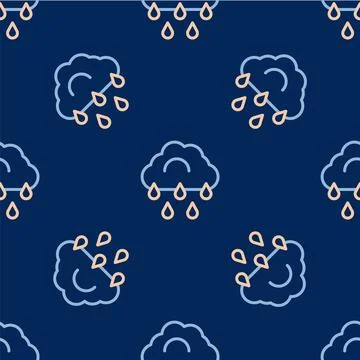 Line Cloud with rain icon isolated seamless pattern on blue background. Rain Illustrazione stock