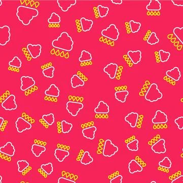 Line Cloud with rain icon isolated seamless pattern on red background. Rain.. Illustrazione stock
