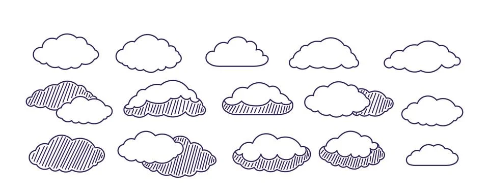 Line cloud set vector illustration. Linear clouds with striped structure, school Ilustração Stock