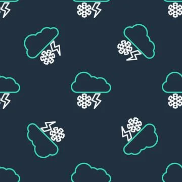 Line Cloud with snow and lightning icon isolated seamless pattern on black Stock Illustration