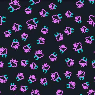 Line Cloud with snow and sun icon isolated seamless pattern on black background Stock Illustration