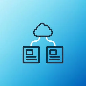 Line Cloud technology data transfer and storage icon isolated on blue background Illustrazione stock
