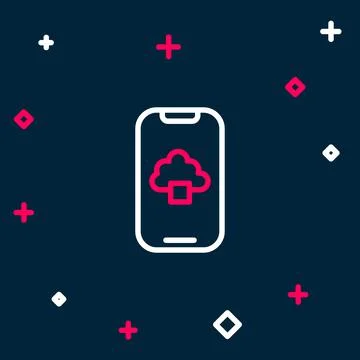 Line Cloud technology data transfer and storage icon isolated on blue background Illustrazione stock