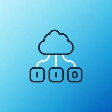 Line Cloud technology data transfer and storage icon isolated on blue background Illustrazione stock