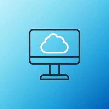 Line Cloud technology data transfer and storage icon isolated on blue background Illustrazione stock
