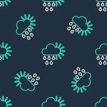 Line Cloudy with rain and sun icon isolated seamless pattern on black background Stock Illustration