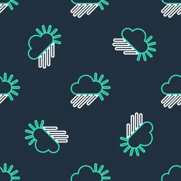 Line Cloudy with rain and sun icon isolated seamless pattern on black background Stock Illustration