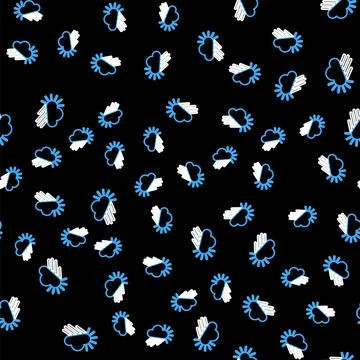 Line Cloudy with rain and sun icon isolated seamless pattern on black background Stock Illustration