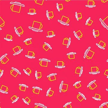 Line Coffee cup icon isolated seamless pattern on red background. Tea cup. Hot 스톡 일러스트