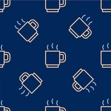 Line Coffee cup icon isolated seamless pattern on blue background. Tea cup. Hot 스톡 일러스트