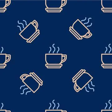Line Coffee cup icon isolated seamless pattern on blue background. Tea cup... Stock Illustration