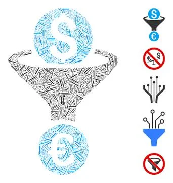 Line Collage Dollar Euro Conversion Funnel Icon Stock Illustration
