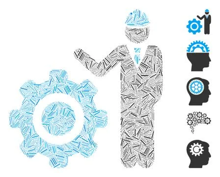 Line Collage Engineer with Gear Icon Stock Illustration