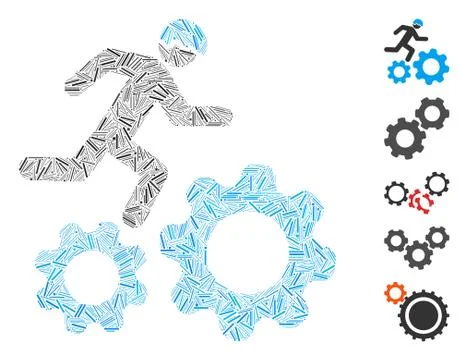 Line Collage Running Developer Over Gears Icon Stock Illustration