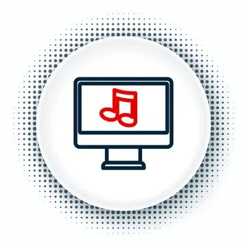 Line Computer with music note symbol on screen icon isolated on white background Stock Illustration