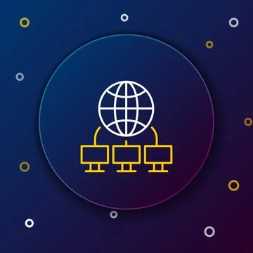 Line Computer network icon isolated on blue background. Laptop network. Internet Stock Illustration