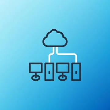 Line Computer network icon isolated on blue background. Laptop network. Int.. Stock Illustration