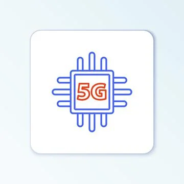 Line Computer processor 5G with microcircuits CPU icon isolated on white Stock Illustration