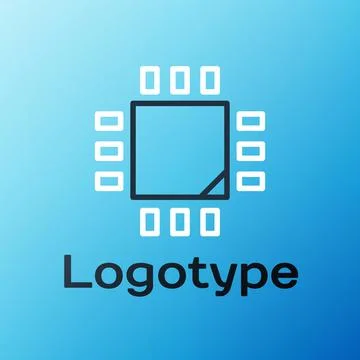 Line Computer processor with microcircuits CPU icon isolated on blue background Illustrazione stock