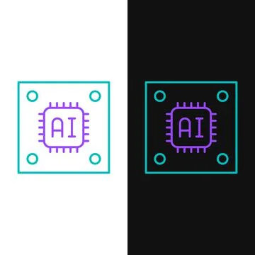 Line Computer processor with microcircuits CPU icon isolated on white and black 库存插图