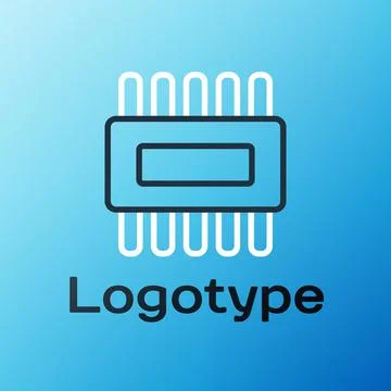 Line Computer processor with microcircuits CPU icon isolated on blue background Stock Illustration